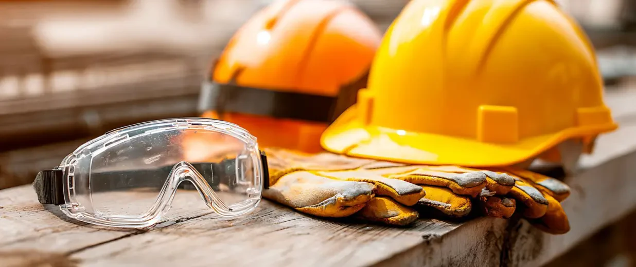 Arbeitsschutz Baugewerbe Schutzbrille Bauhelme und Schutzhandschuhe, Copyright: Farukhassan - stock.adobe.com