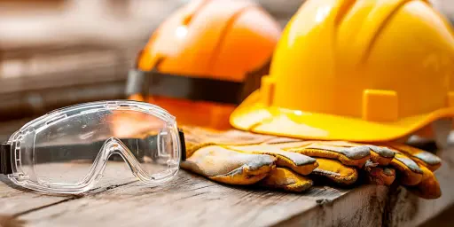 Arbeitsschutz Baugewerbe Schutzbrille Bauhelme und Schutzhandschuhe, Copyright: Farukhassan - stock.adobe.com