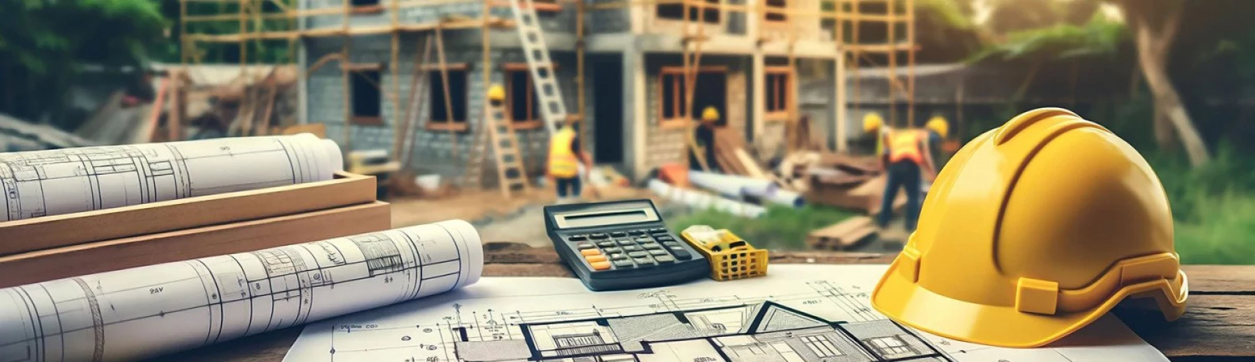 Helm, Bauplan und Taschenrechner auf einer Baustelle, Copyright: Micaela - stock.adobe.com