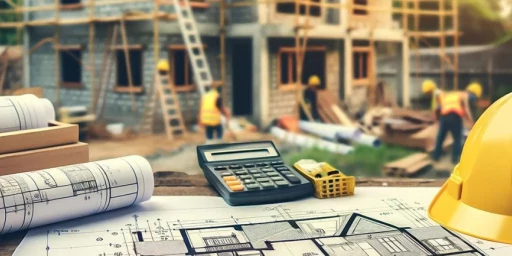 Helm, Bauplan und Taschenrechner auf einer Baustelle, Copyright: Micaela - stock.adobe.com