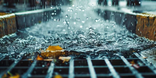 Regenwasser fließt in einen Straßenabfluss, Copyright: Menganga - stock.adobe.com