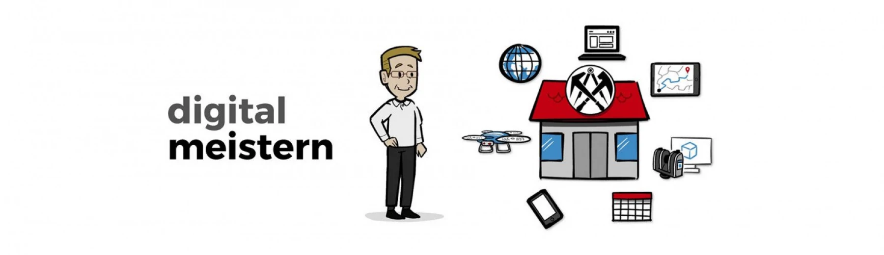Skizze in Comic-Format zum Thema digital meistern, Copyright: Mittelstand-Digital Zentrum Handwerk